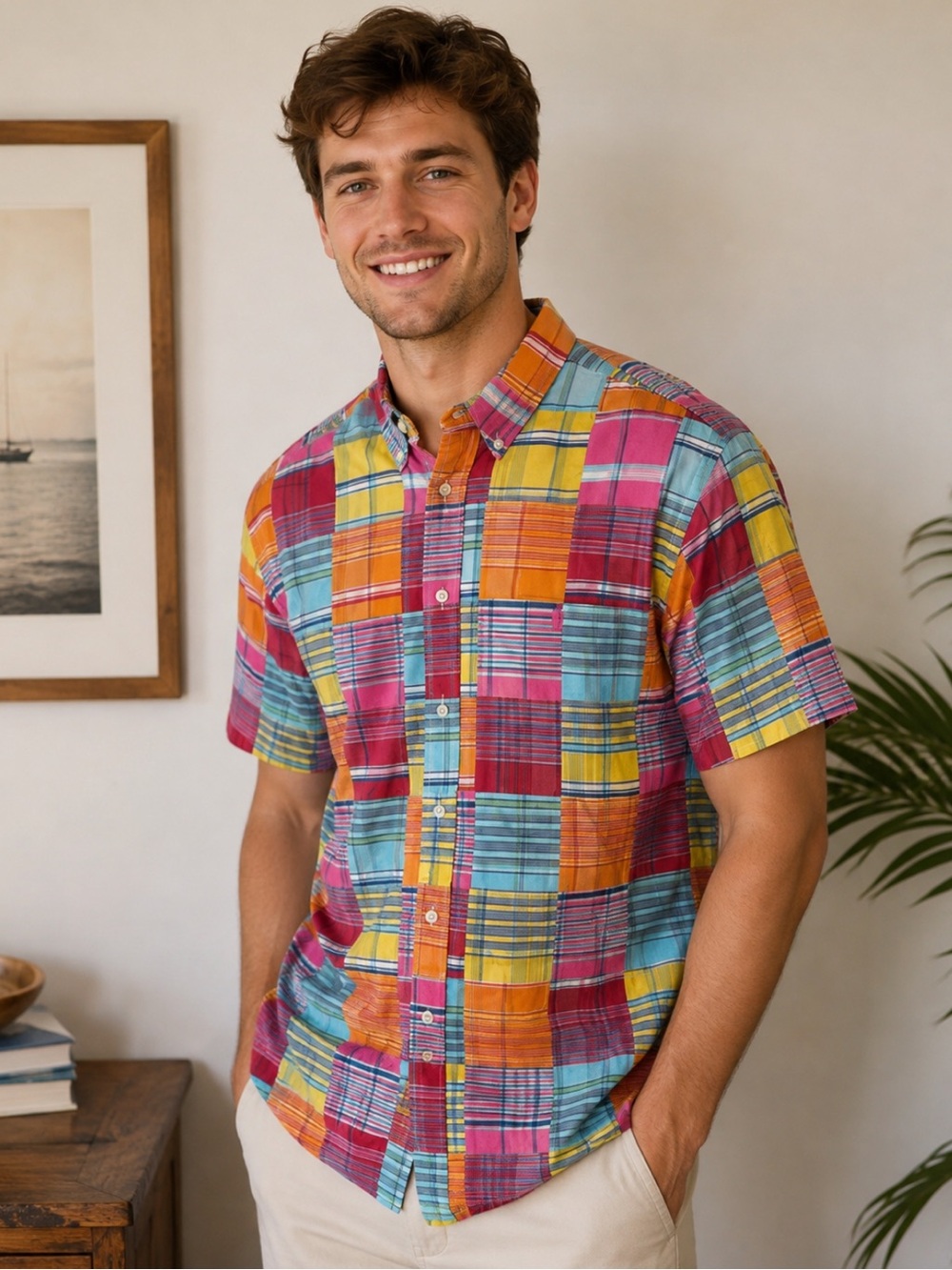 Ralph Lauren Patchwork Madras Plaid Short Sleeve Button Down Shirt M Y2K